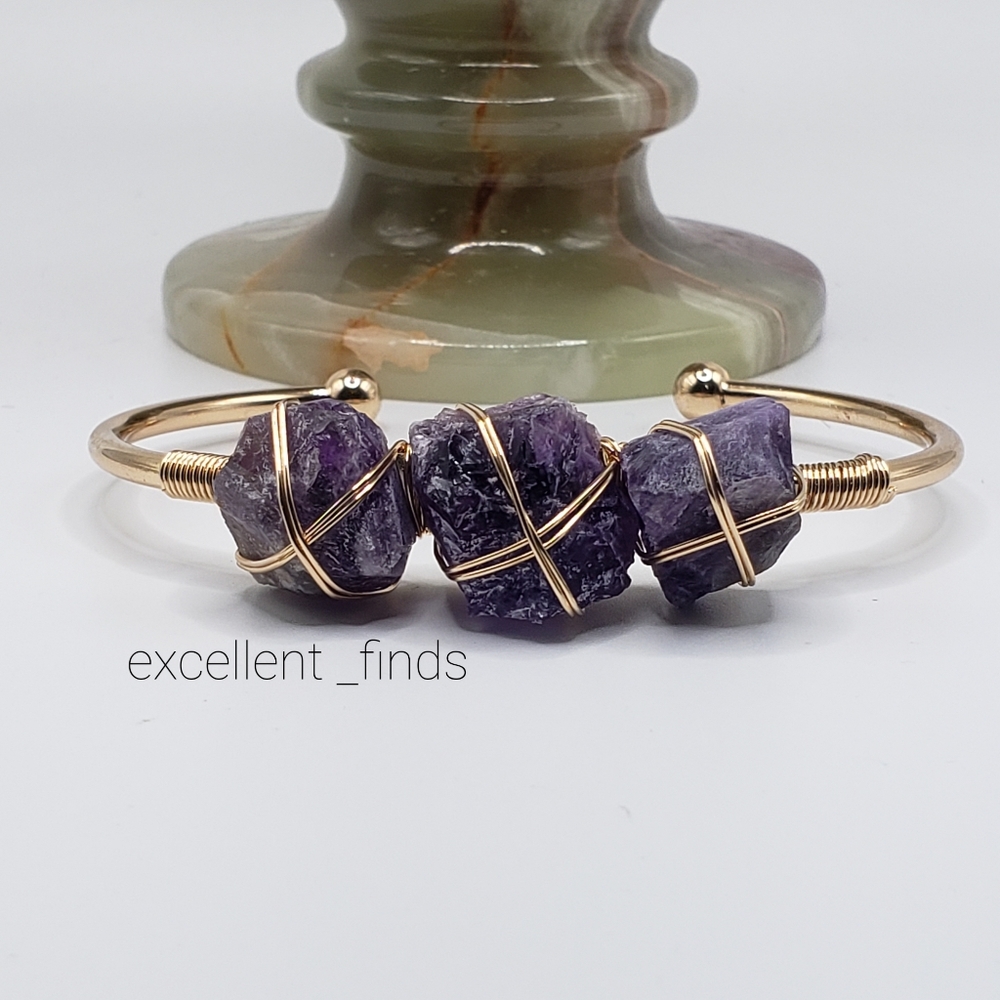 NEW Amythest Wire Wrapped Natural Stone Chakra Bangle Cuff Bracelet